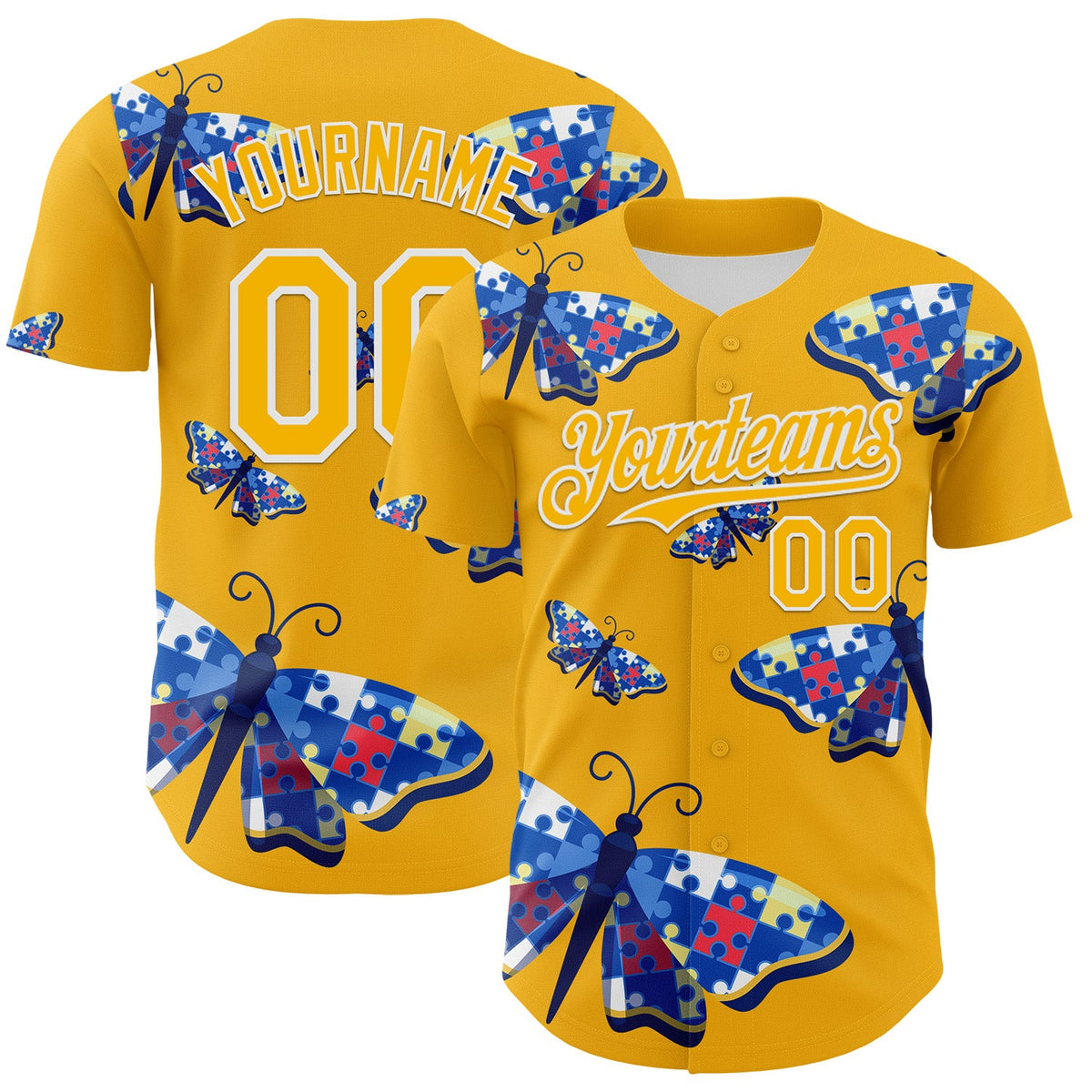 Custom Gold-White Autism Awareness Support Puzzle Infinity Butterfly Authentic Baseball Jersey