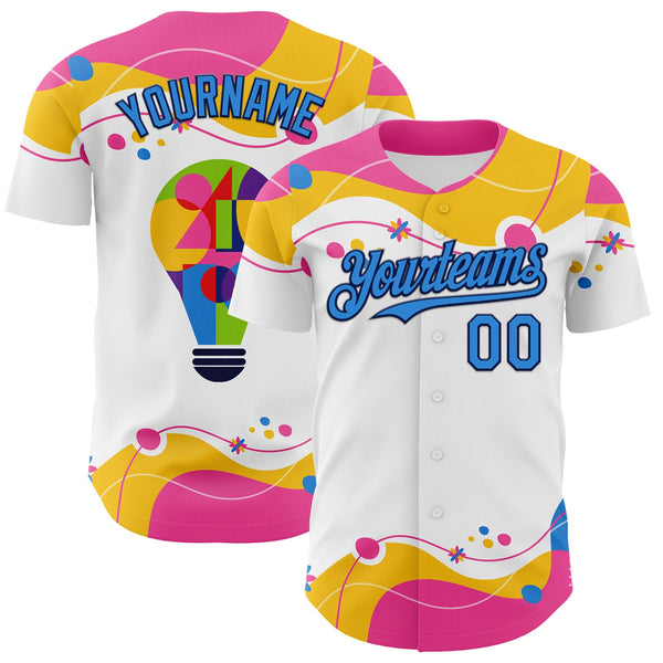 Custom White Electric Blue-Navy Autism Awareness Puzzle Infinity Lightbulb Authentic Baseball Jersey