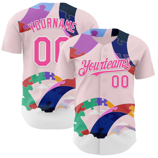 Custom Pink-White Autism Awareness Support Puzzle Infinity Authentic Baseball Jersey