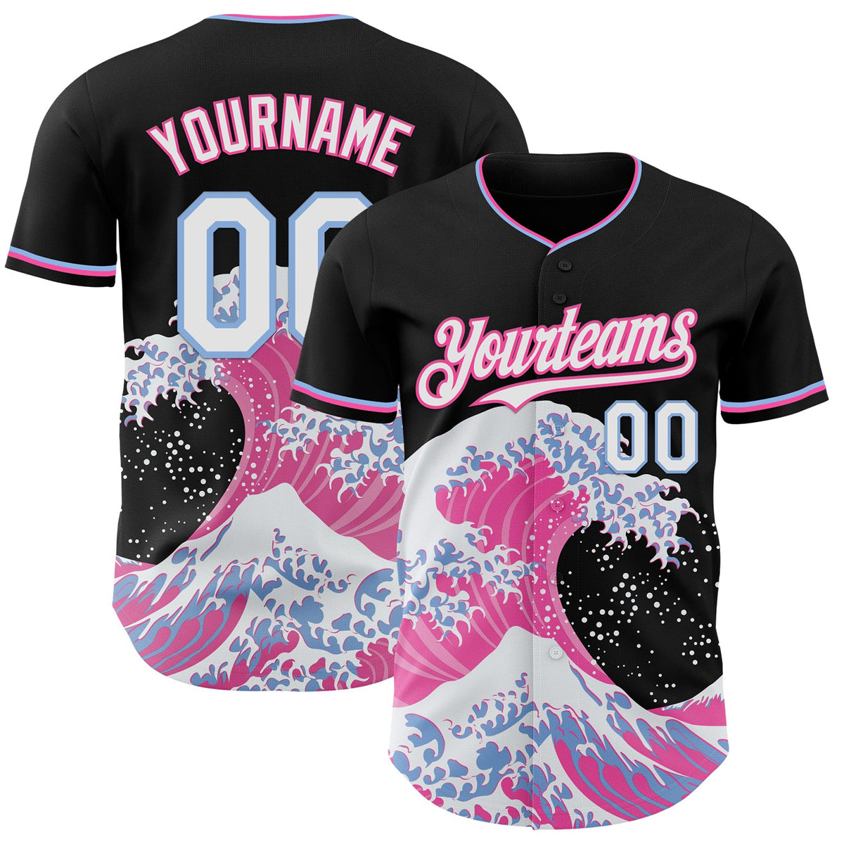 Custom Black White Pink-Light Blue Japanese Wave Authentic Baseball Jersey