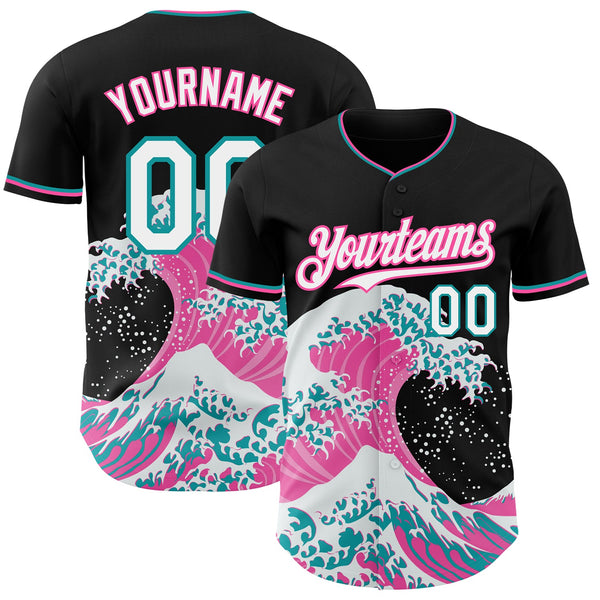 Custom Black White Pink-Teal Japanese Wave Authentic Baseball Jersey