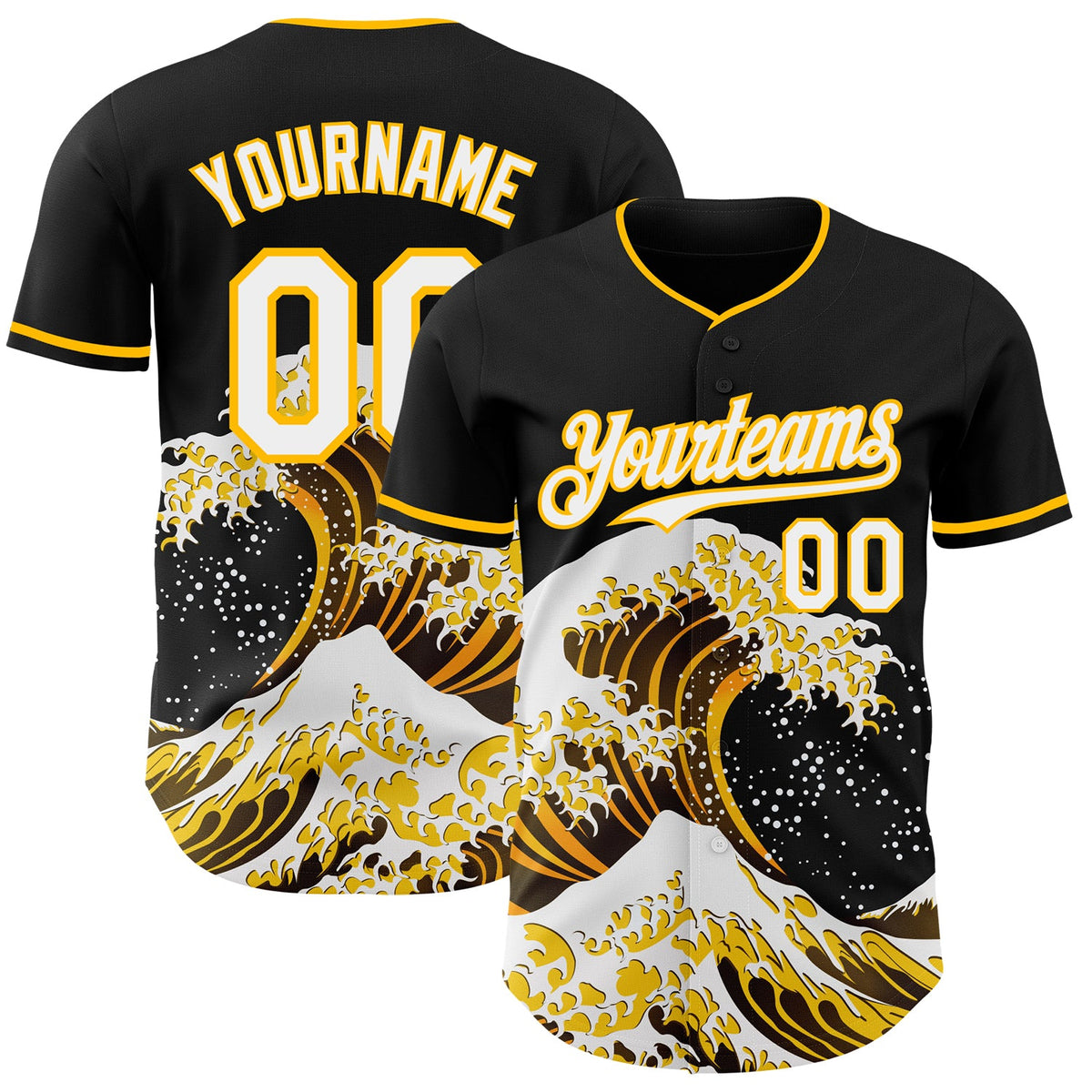 Custom Black White-Gold Japanese Wave Authentic Baseball Jersey