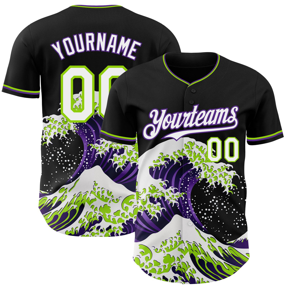 Custom Black White Purple-Neon Green Japanese Wave Authentic Baseball Jersey