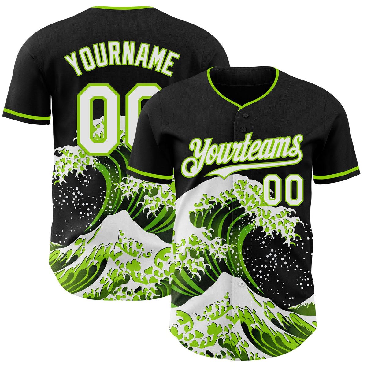 Custom Black White-Neon Green Japanese Wave Authentic Baseball Jersey