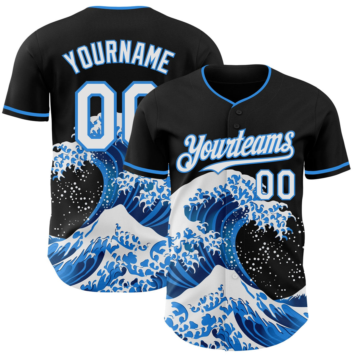 Custom Black White-Electric Blue Japanese Wave Authentic Baseball Jersey