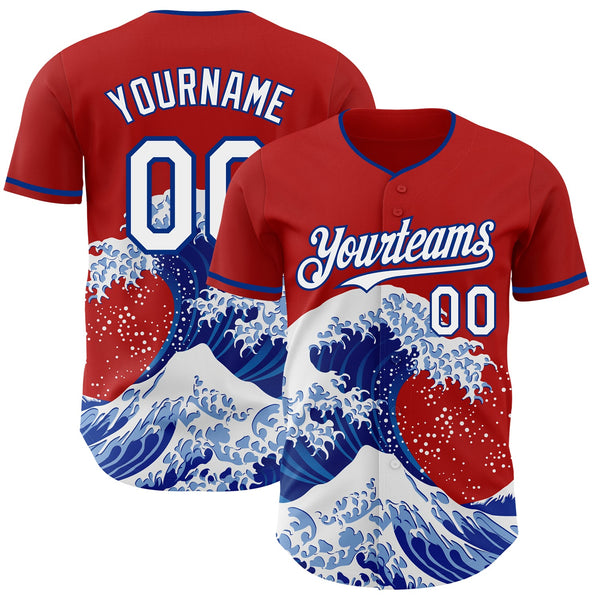 Custom Red White-Royal Japanese Wave Authentic Baseball Jersey