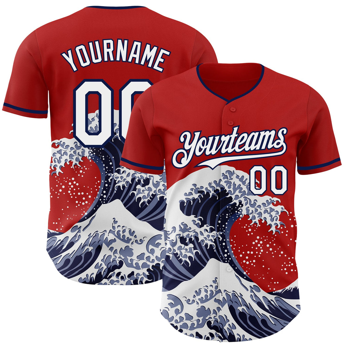 Custom Red White-Navy Japanese Wave Authentic Baseball Jersey