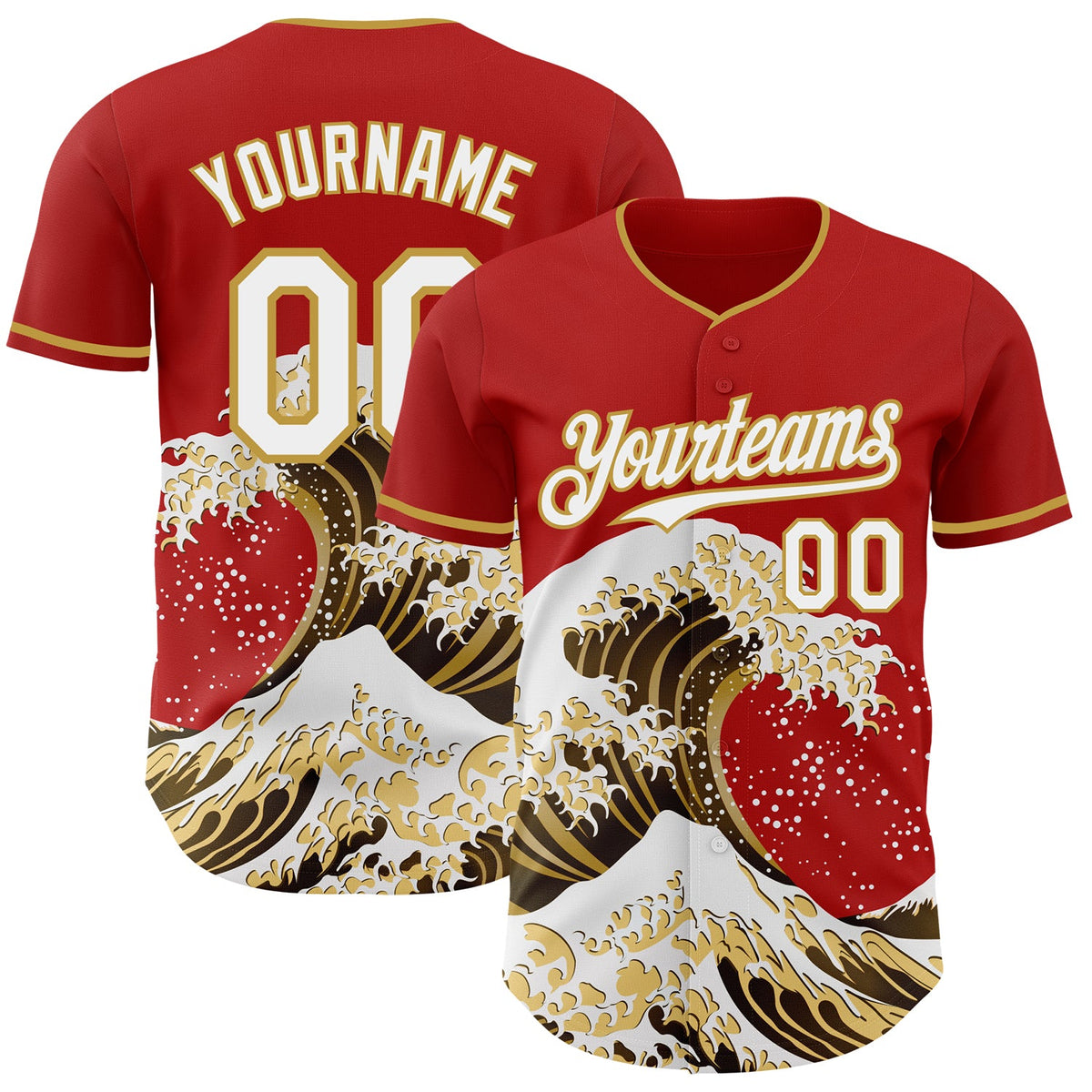 Custom Red White-Old Gold Japanese Wave Authentic Baseball Jersey