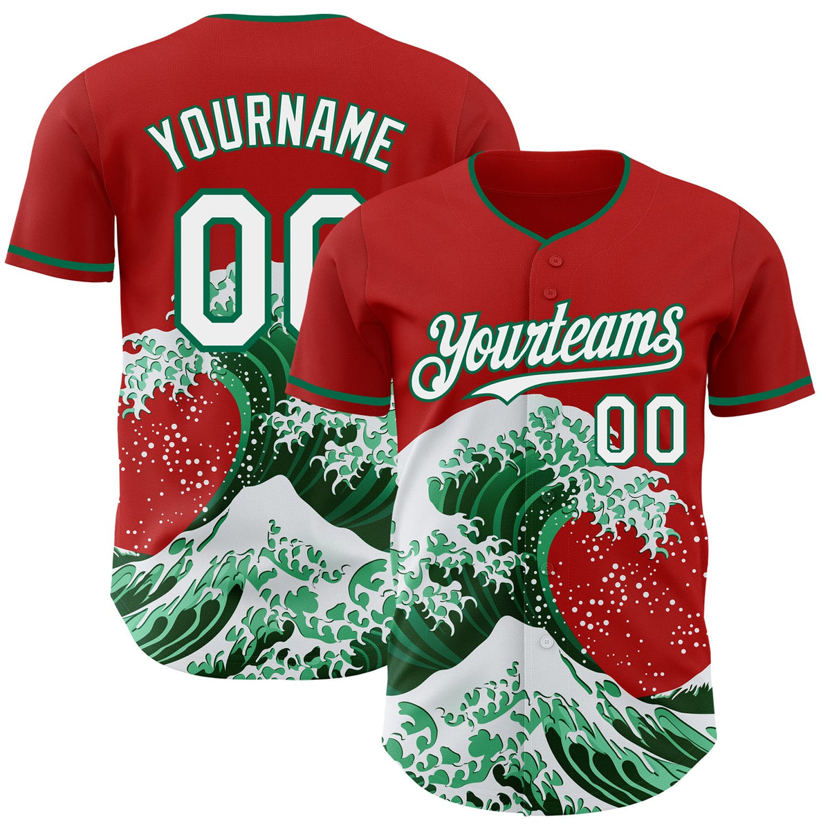 Custom Red White-Kelly Green Japanese Wave Authentic Baseball Jersey