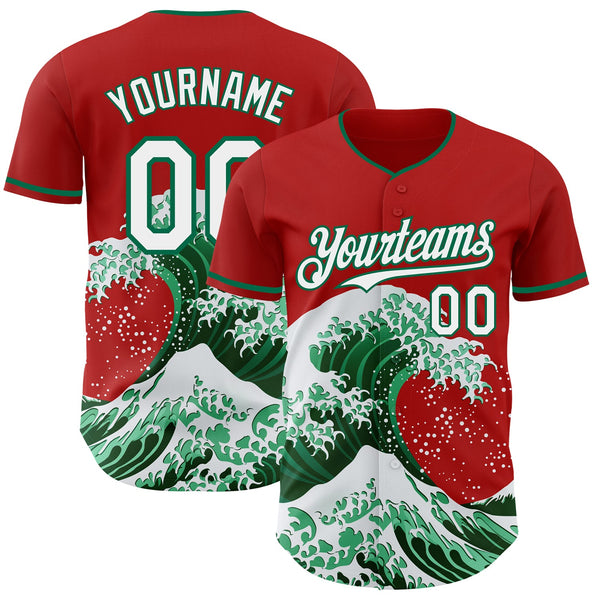 Custom Red White-Kelly Green Japanese Wave Authentic Baseball Jersey