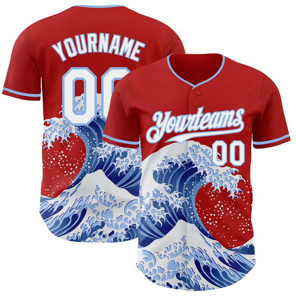 Custom Red White-Light Blue Japanese Wave Authentic Baseball Jersey