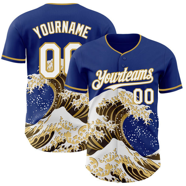 Custom Royal White-Old Gold Japanese Wave Authentic Baseball Jersey