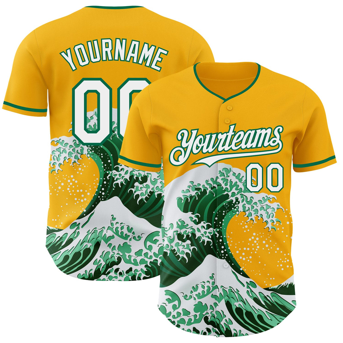 Custom Gold White-Kelly Green Japanese Wave Authentic Baseball Jersey