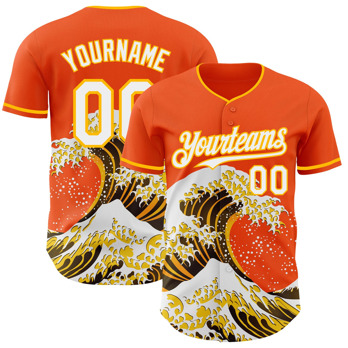 Custom Orange White-Gold Japanese Wave Authentic Baseball Jersey