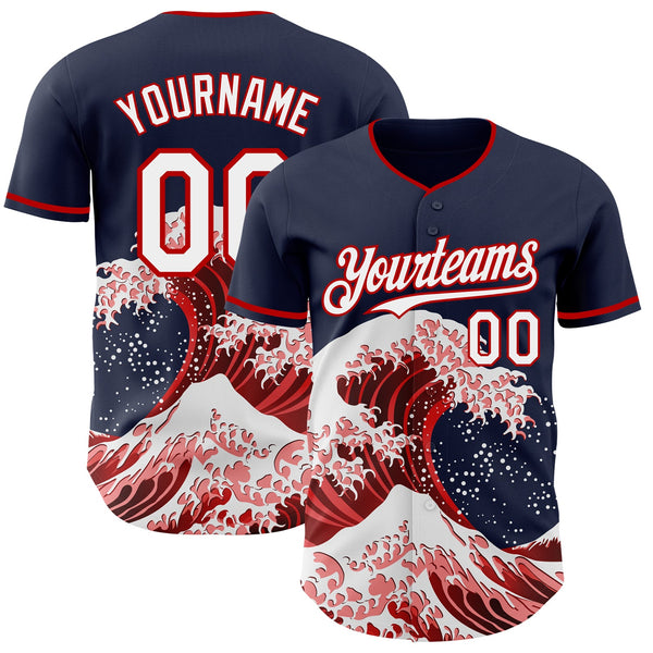 Custom Navy White-Red Japanese Wave Authentic Baseball Jersey