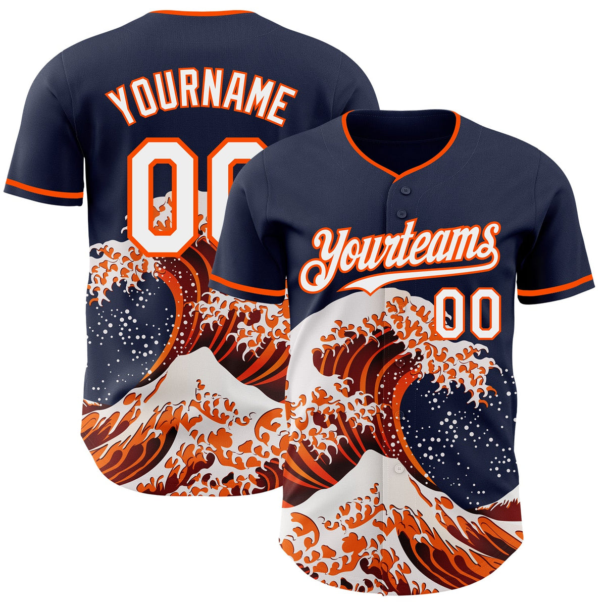 Custom Navy White-Orange Japanese Wave Authentic Baseball Jersey