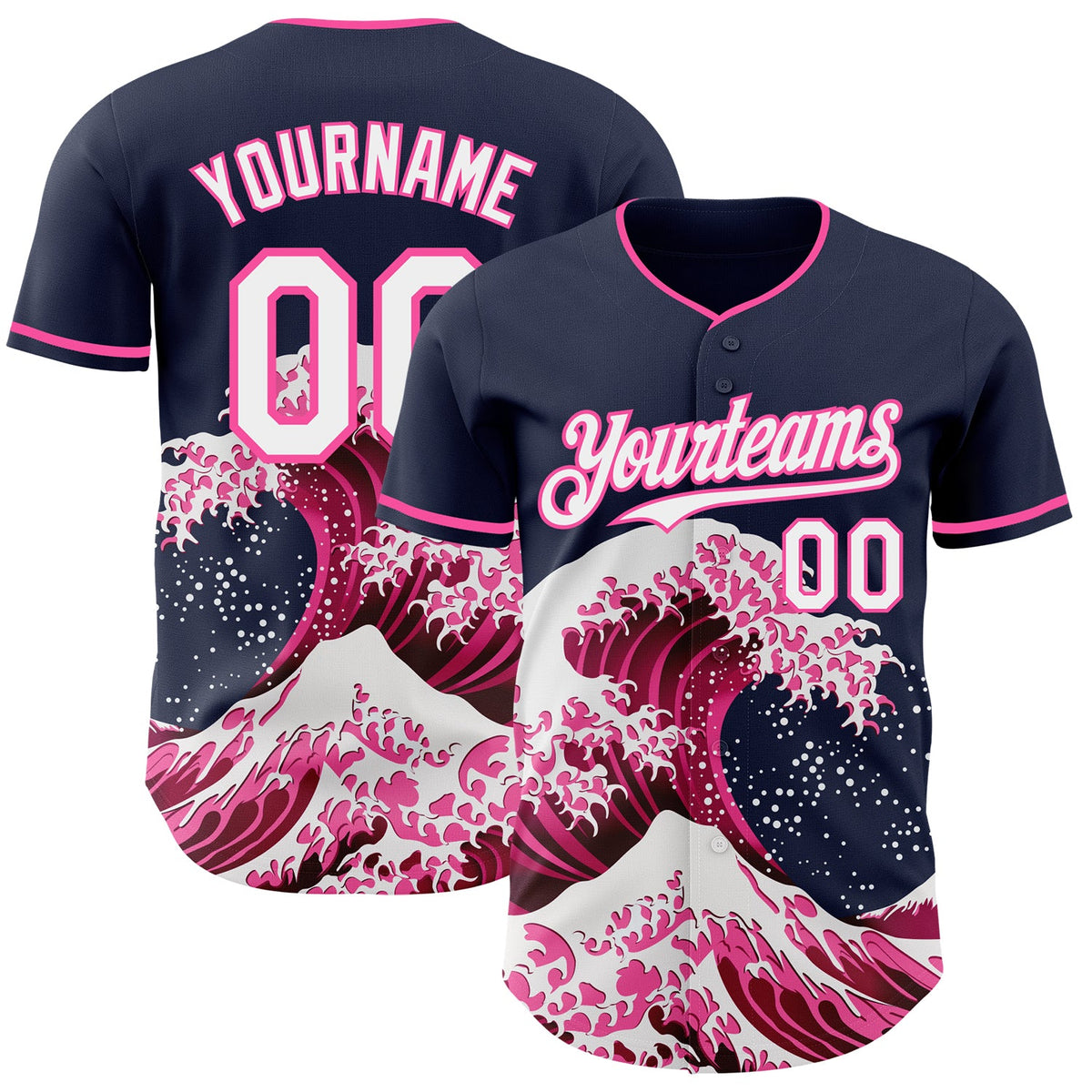 Custom Navy White-Pink Japanese Wave Authentic Baseball Jersey