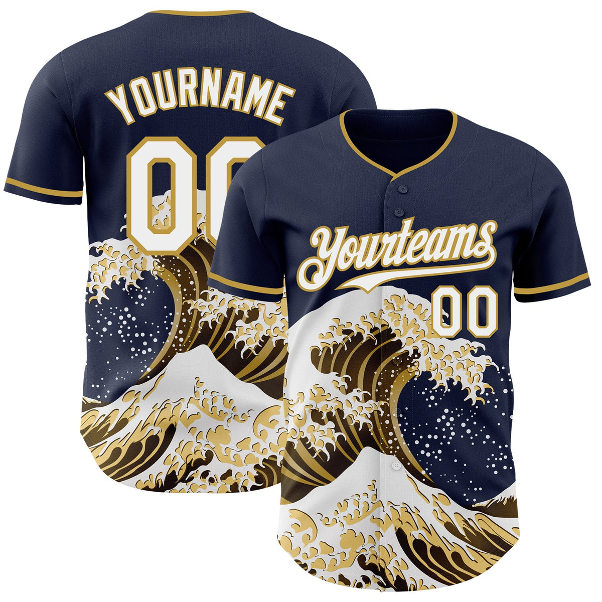 Custom Navy White-Old Gold Japanese Wave Authentic Baseball Jersey