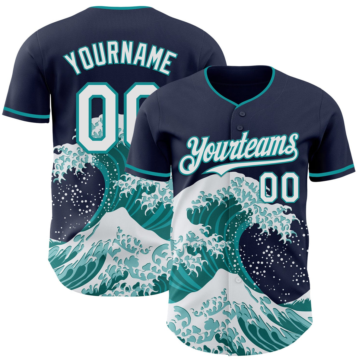 Custom Navy White-Teal Japanese Wave Authentic Baseball Jersey