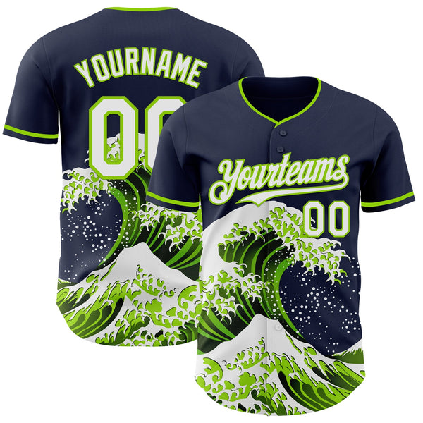 Custom Navy White-Neon Green Japanese Wave Authentic Baseball Jersey