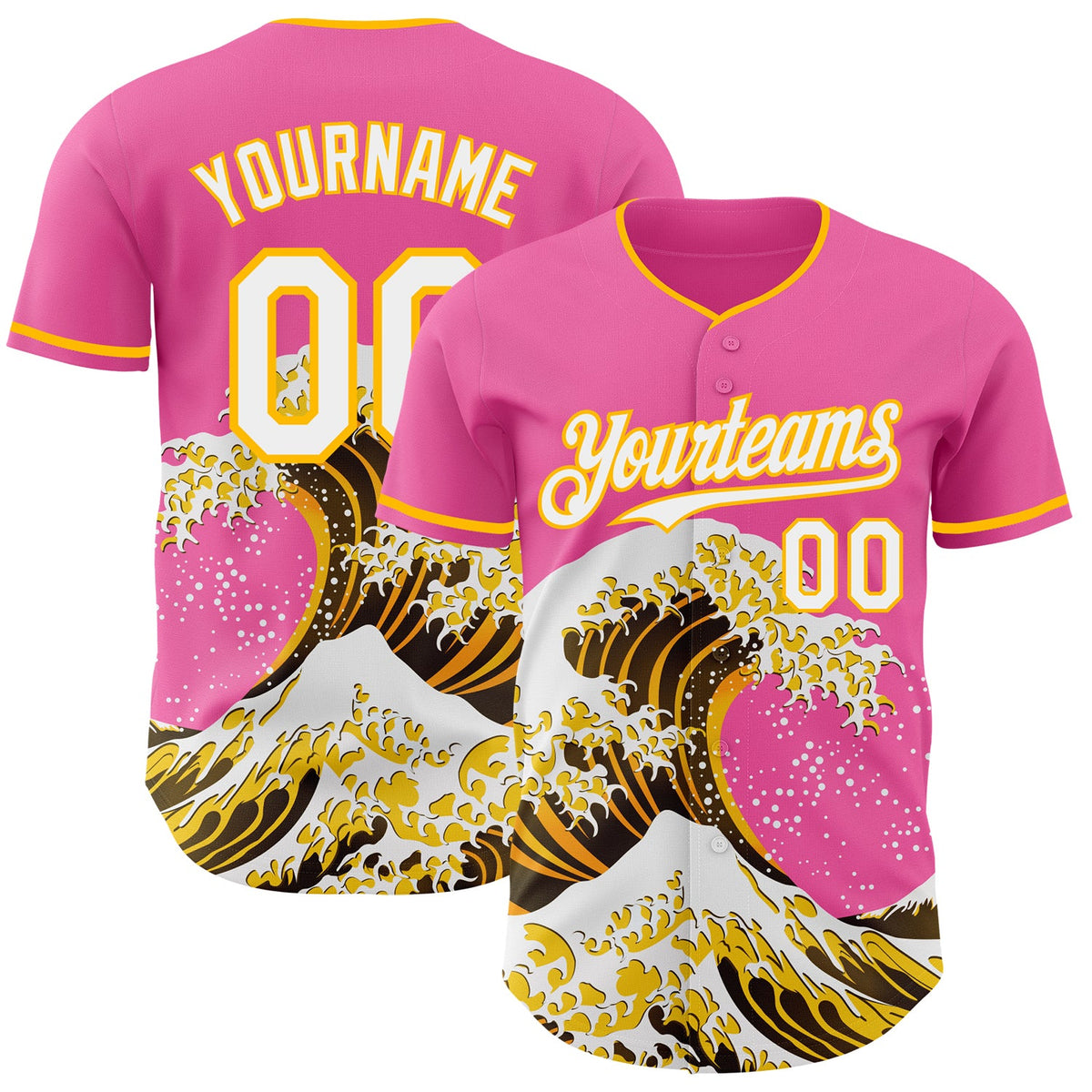 Custom Pink White-Gold Japanese Wave Authentic Baseball Jersey