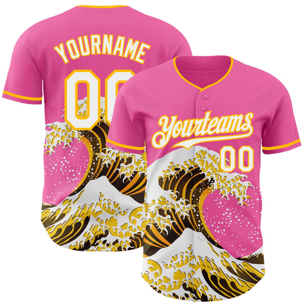 Custom Pink White-Gold Japanese Wave Authentic Baseball Jersey