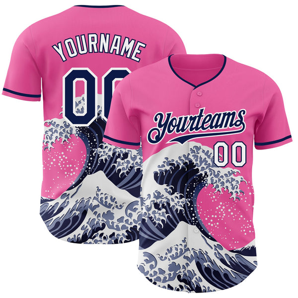 Custom Pink Navy-White Japanese Wave Authentic Baseball Jersey
