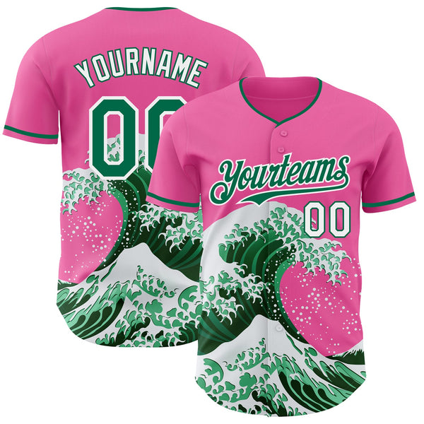Custom Pink Kelly Green-White Japanese Wave Authentic Baseball Jersey