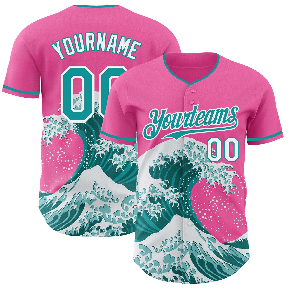 Custom Pink Teal-White Japanese Wave Authentic Baseball Jersey