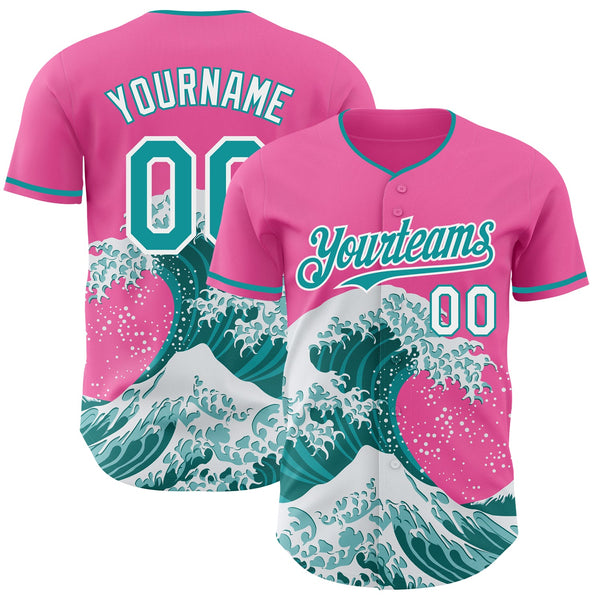 Custom Pink Teal-White Japanese Wave Authentic Baseball Jersey