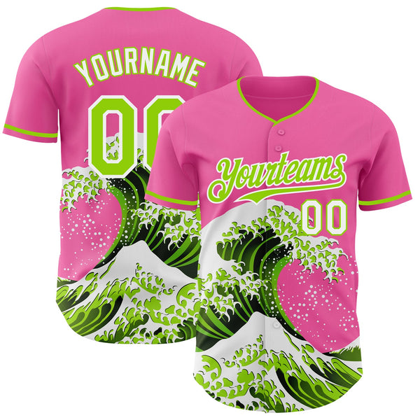 Custom Pink Neon Green-White Japanese Wave Authentic Baseball Jersey