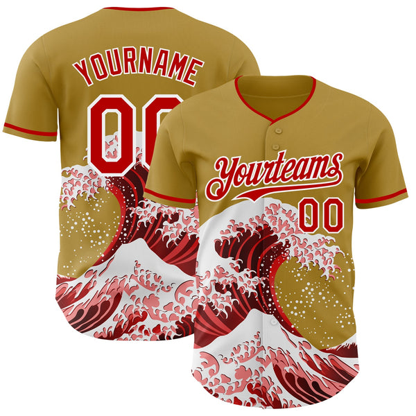 Custom Old Gold Red-White Japanese Wave Authentic Baseball Jersey