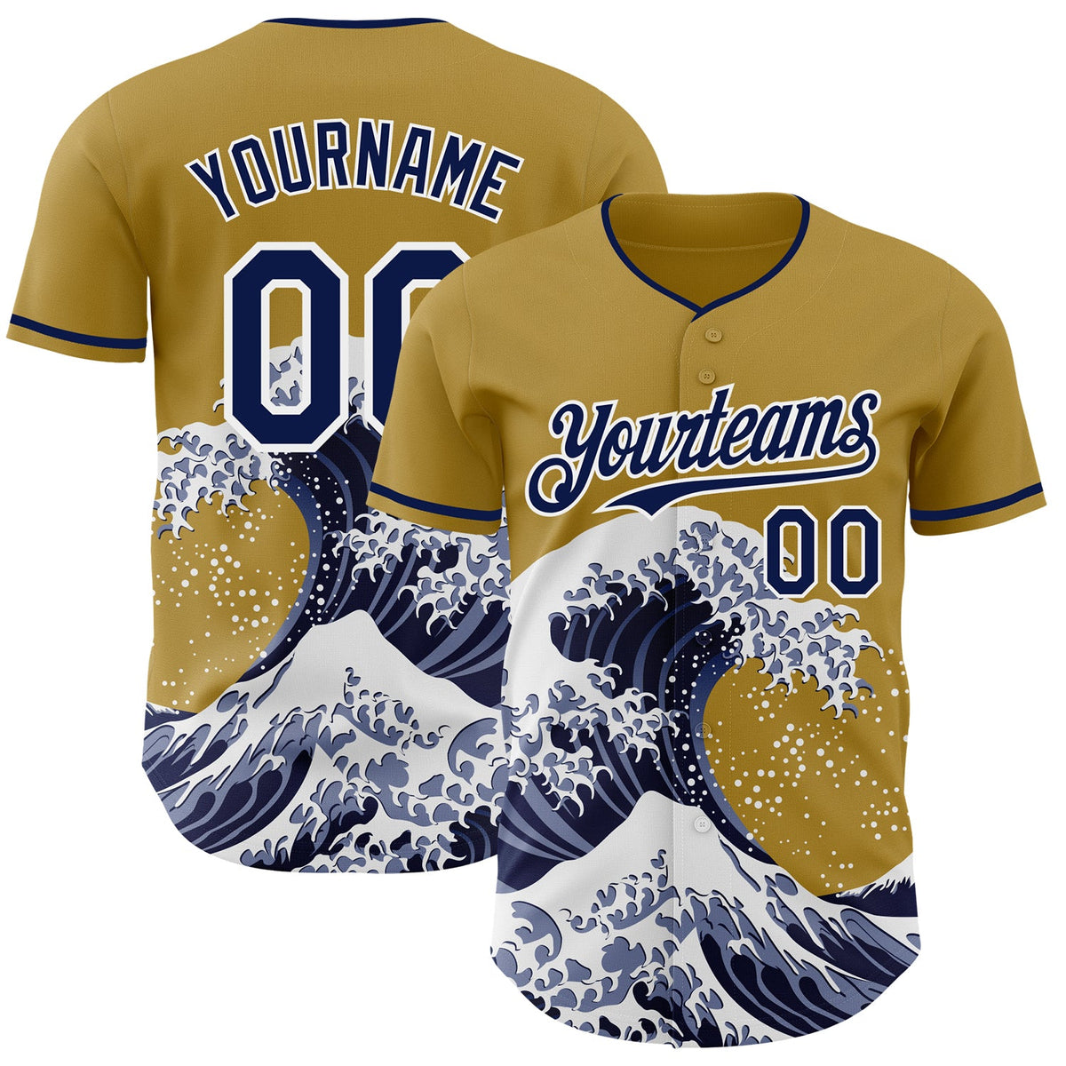 Custom Old Gold Navy-White Japanese Wave Authentic Baseball Jersey