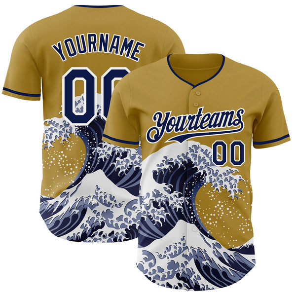Custom Old Gold Navy-White Japanese Wave Authentic Baseball Jersey