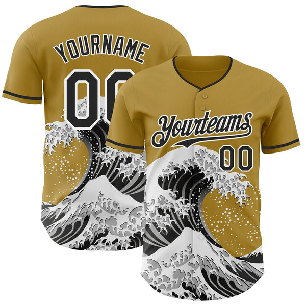 Custom Old Gold Black-White Japanese Wave Authentic Baseball Jersey