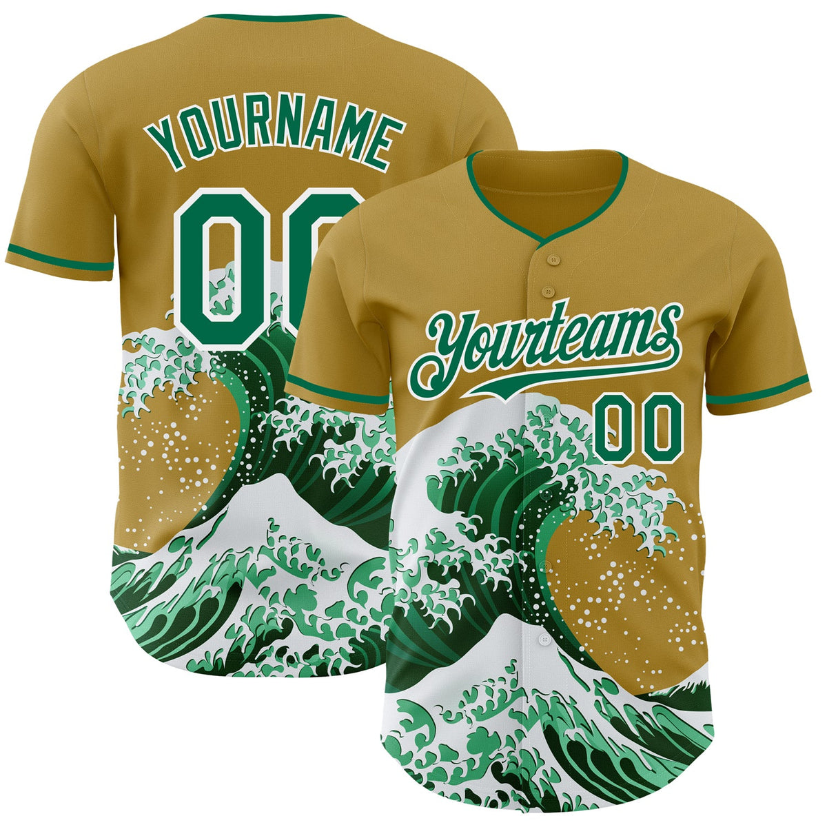 Custom Old Gold Kelly Green-White Japanese Wave Authentic Baseball Jersey