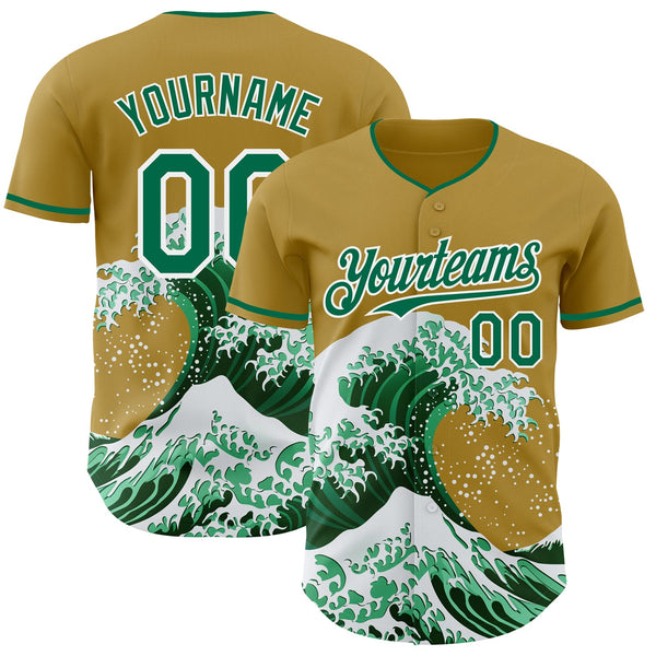 Custom Old Gold Kelly Green-White Japanese Wave Authentic Baseball Jersey