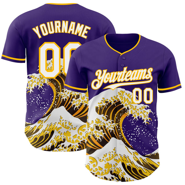 Custom Purple White-Gold Japanese Wave Authentic Baseball Jersey