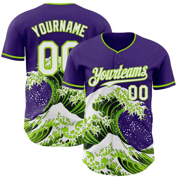 Custom Purple White-Neon Green Japanese Wave Authentic Baseball Jersey