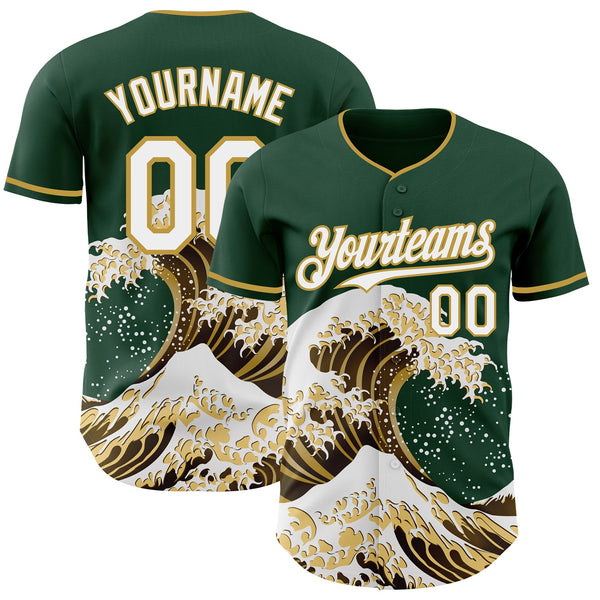 Custom Green White-Old Gold Japanese Wave Authentic Baseball Jersey