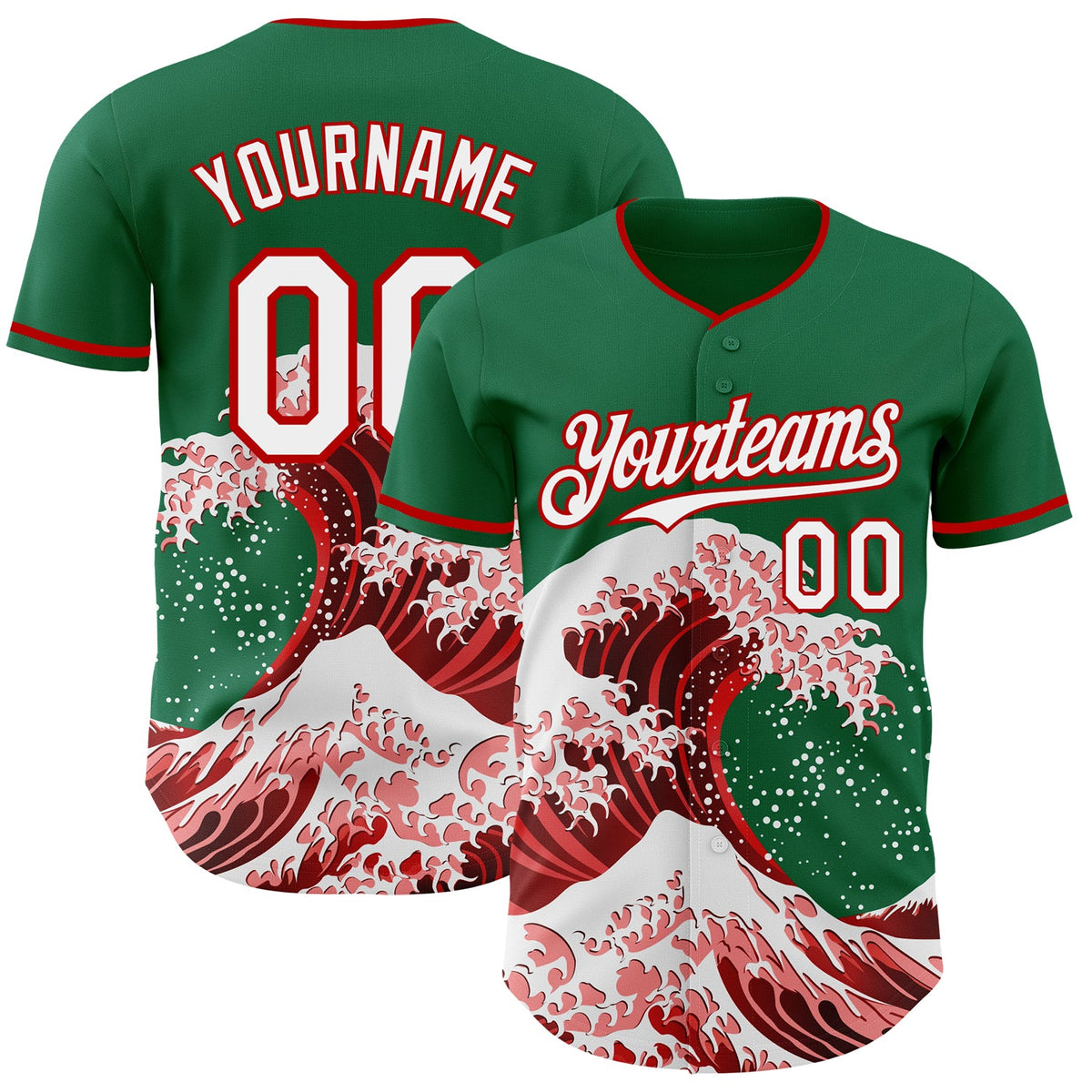Custom Kelly Green White-Red Japanese Wave Authentic Baseball Jersey