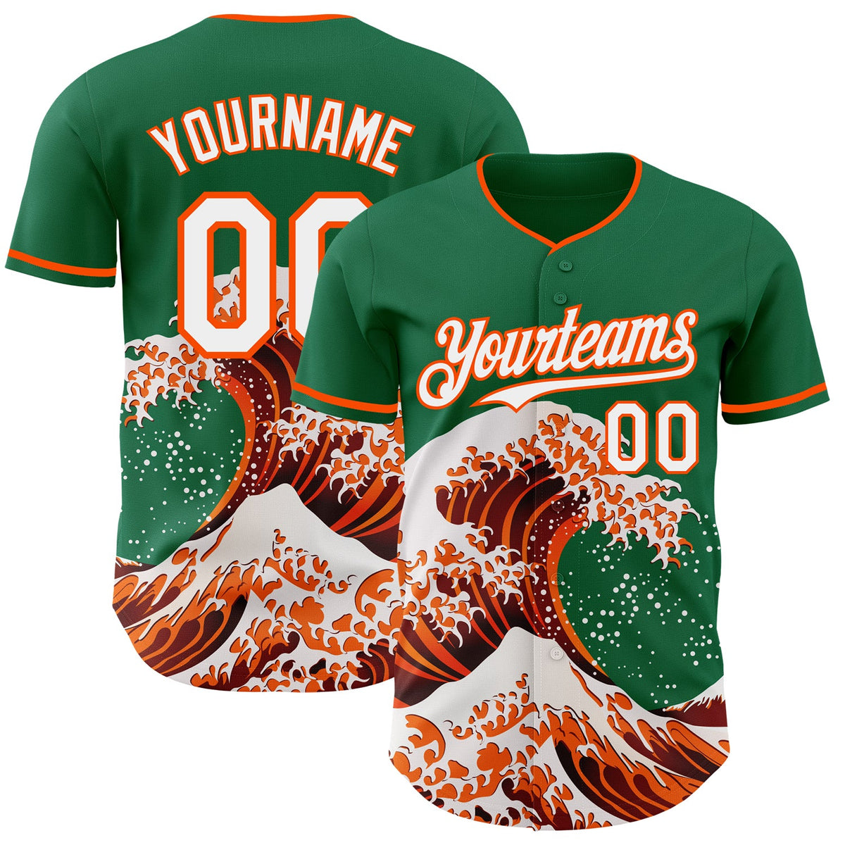 Custom Kelly Green White-Orange Japanese Wave Authentic Baseball Jersey
