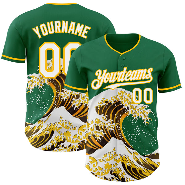 Custom Kelly Green White-Gold Japanese Wave Authentic Baseball Jersey