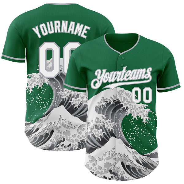 Custom Kelly Green White-Gray Japanese Wave Authentic Baseball Jersey
