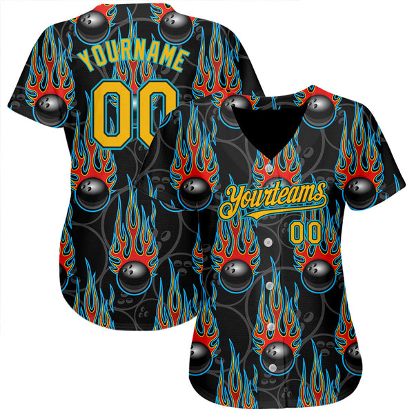 Custom Black Gold-Lakes Blue 3D Pattern Design Bowling Ball With Hotrod Flame Authentic Baseball Jersey alternate
