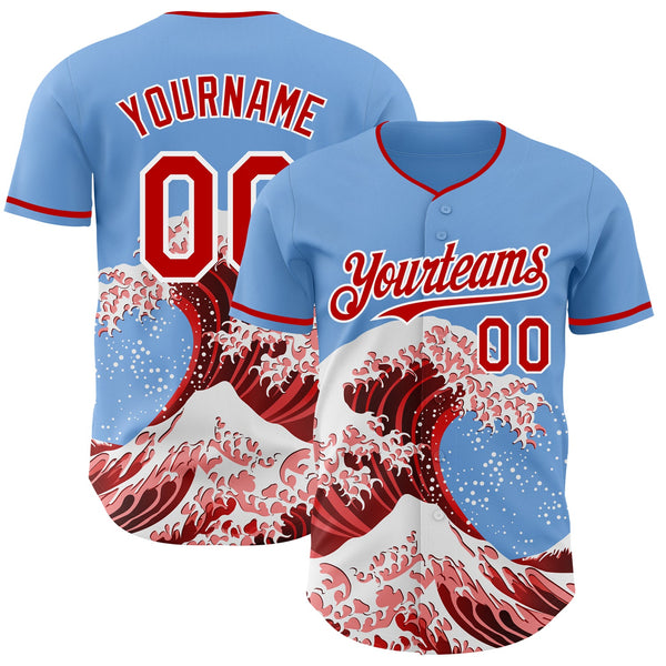 Custom Light Blue Red-White Japanese Wave Authentic Baseball Jersey