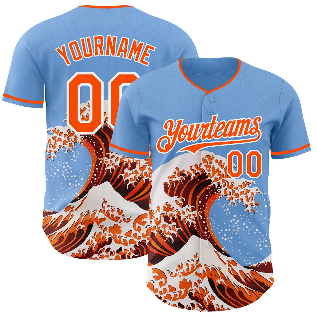 Custom Light Blue Orange-White Japanese Wave Authentic Baseball Jersey