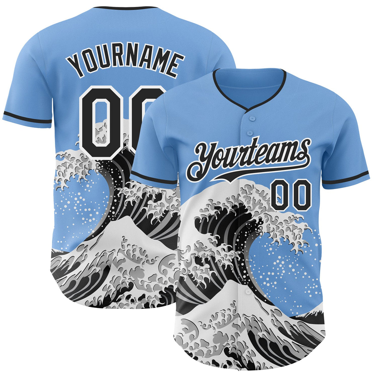 Custom Light Blue Black-White Japanese Wave Authentic Baseball Jersey