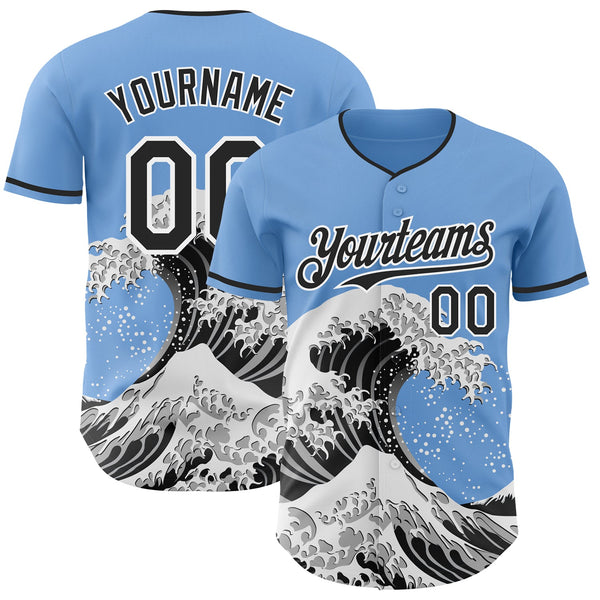 Custom Light Blue Black-White Japanese Wave Authentic Baseball Jersey