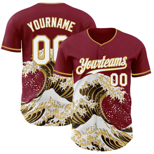 Custom Crimson White-Old Gold Japanese Wave Authentic Baseball Jersey